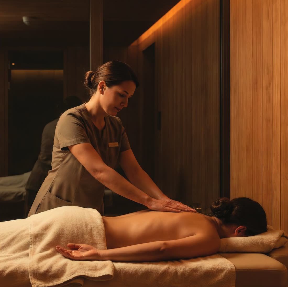 A therapist giving a back massage in a warm timber treatment room.